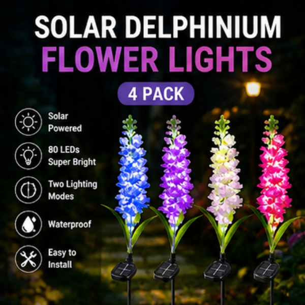 Solar Delphinium Flower Lights - 4 Pack LED Garden Stake Lights with 80 LEDs & Dual Modes