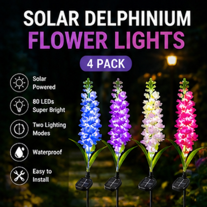 Solar Delphinium Flower Lights - 4 Pack LED Garden Stake Lights with 80 LEDs & Dual Modes