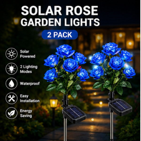 Lampes solaires à piquet en forme de rose - Lot de 2 lampes LED florales avec deux modes d'éclairage