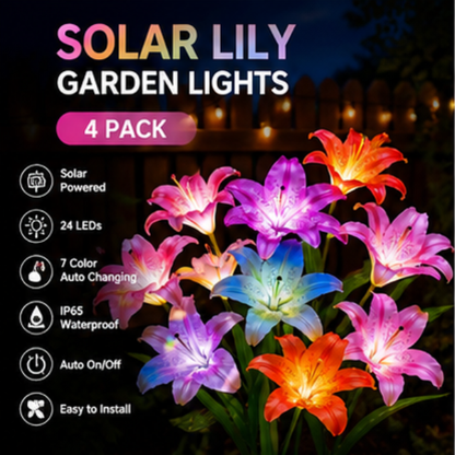 Solar Lily Garden Lights - 4 Pack Color-Changing LED Flower Stake Lights with 6 Bloom Heads
