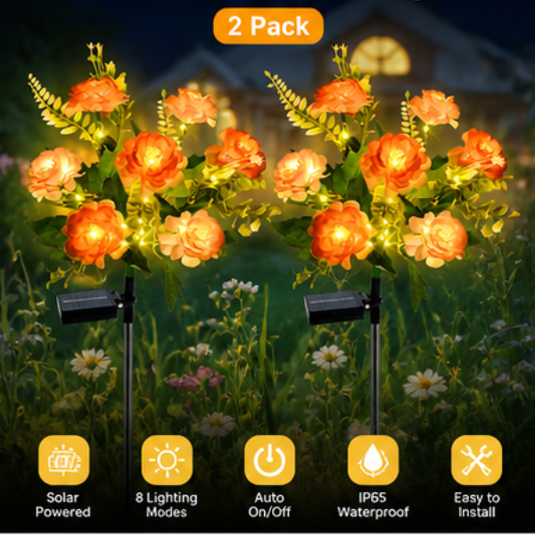 Solar Hibiscus Flower Garden Lights - 2 Pack Champagne LED Pathway Lights with 8 Lighting Modes
