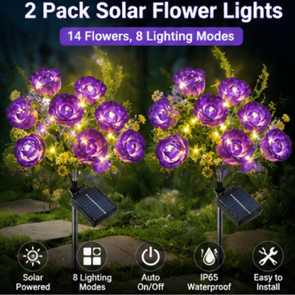 Solar Rose Garden Lights - 2 Pack LED Flower Pathway Lights with 14 Blooms & 8 Lighting Modes