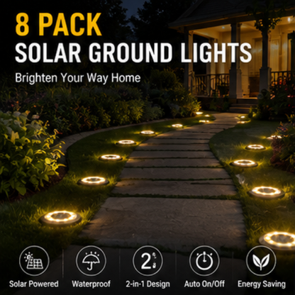 2-in-1 Solar Ground Disk Lights- Waterproof Solar Pathway & Deck Lights Outdoor (8 Pack)