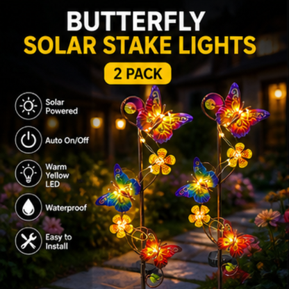 Solar Butterfly Garden Stake Lights - 2 Pack Warm LED Outdoor Decorative Lights