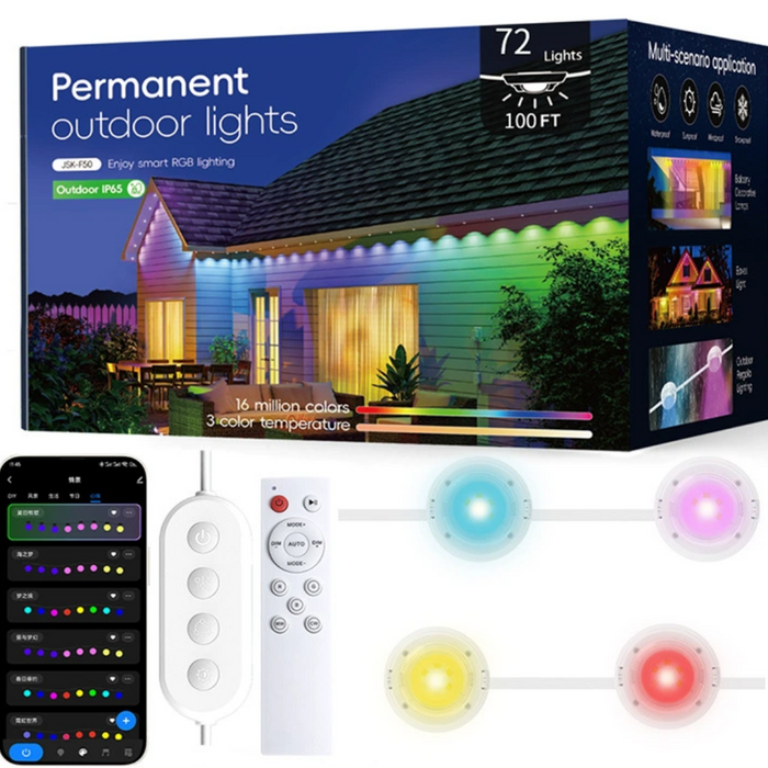 Lumières LED multicolores intelligentes permanentes pour extérieur - 30,5 m - 72 lumières