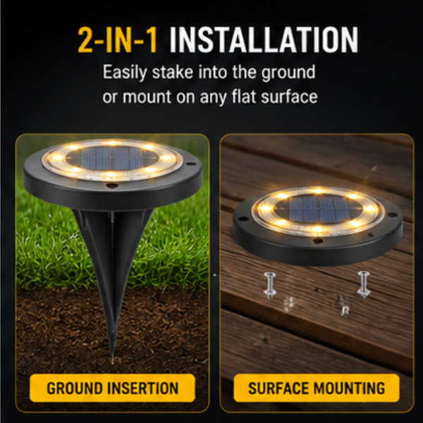 2-in-1 Solar Ground Disk Lights- Waterproof Solar Pathway & Deck Lights Outdoor (8 Pack)