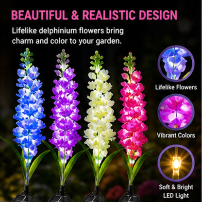Solar Delphinium Flower Lights - 4 Pack LED Garden Stake Lights with 80 LEDs & Dual Modes