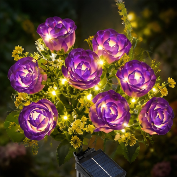 Lampes solaires de jardin Rose - Lot de 2 lampes de chemin LED en forme de fleur avec 14 fleurs et 8 modes d'éclairage