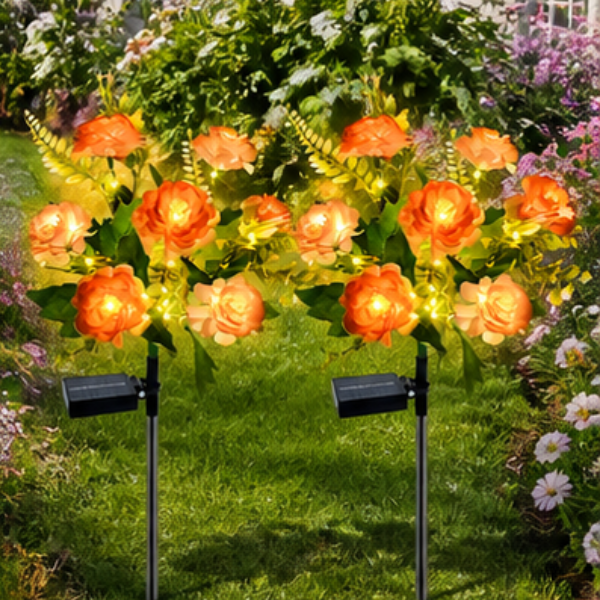 Solar Hibiscus Flower Garden Lights - 2 Pack Champagne LED Pathway Lights with 8 Lighting Modes
