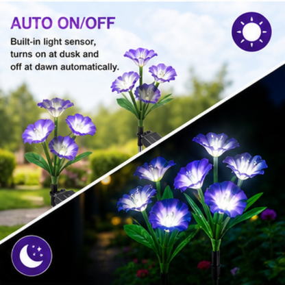 Solar Morning Glory Flower Lights- 2 Pack LED Garden Pathway Lights with 8 Lighting Modes