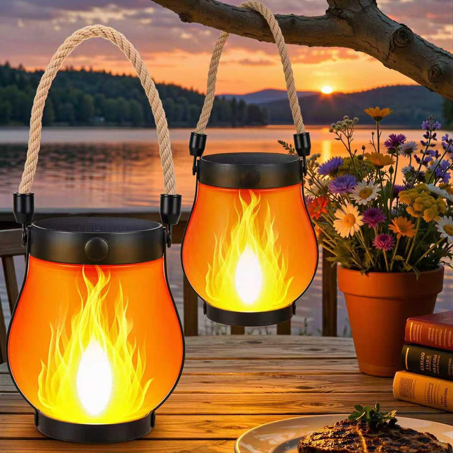 Solar Flame Lantern Lights - 2 Pack Flickering Flame Hanging Lanterns with USB & Solar Charging