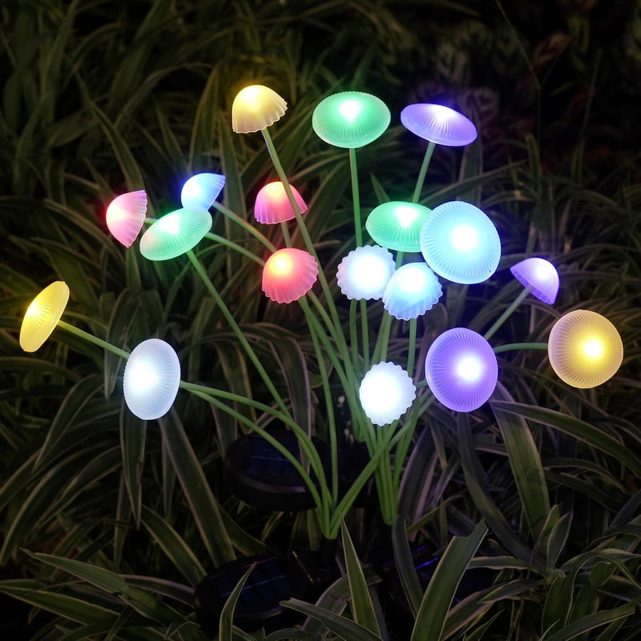 Solar Mushroom Garden Lights - 2 Pack LED Jellyfish Style Pathway Lights with Dual Modes