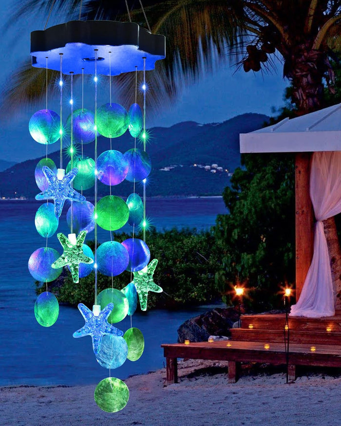 Carillons éoliens solaires coquillages – Lumière décorative extérieure étanche à couleurs changeantes pour patio, jardin et porche
