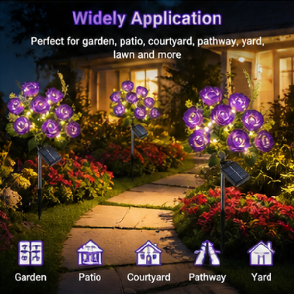 Solar Rose Garden Lights - 2 Pack LED Flower Pathway Lights with 14 Blooms & 8 Lighting Modes