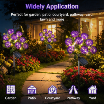 Solar Rose Garden Lights - 2 Pack LED Flower Pathway Lights with 14 Blooms & 8 Lighting Modes