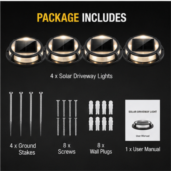 Solar Driveway Marker Lights- 4 Pack IP67 Waterproof Outdoor Solar Dock & Pathway Lights (Warm White)