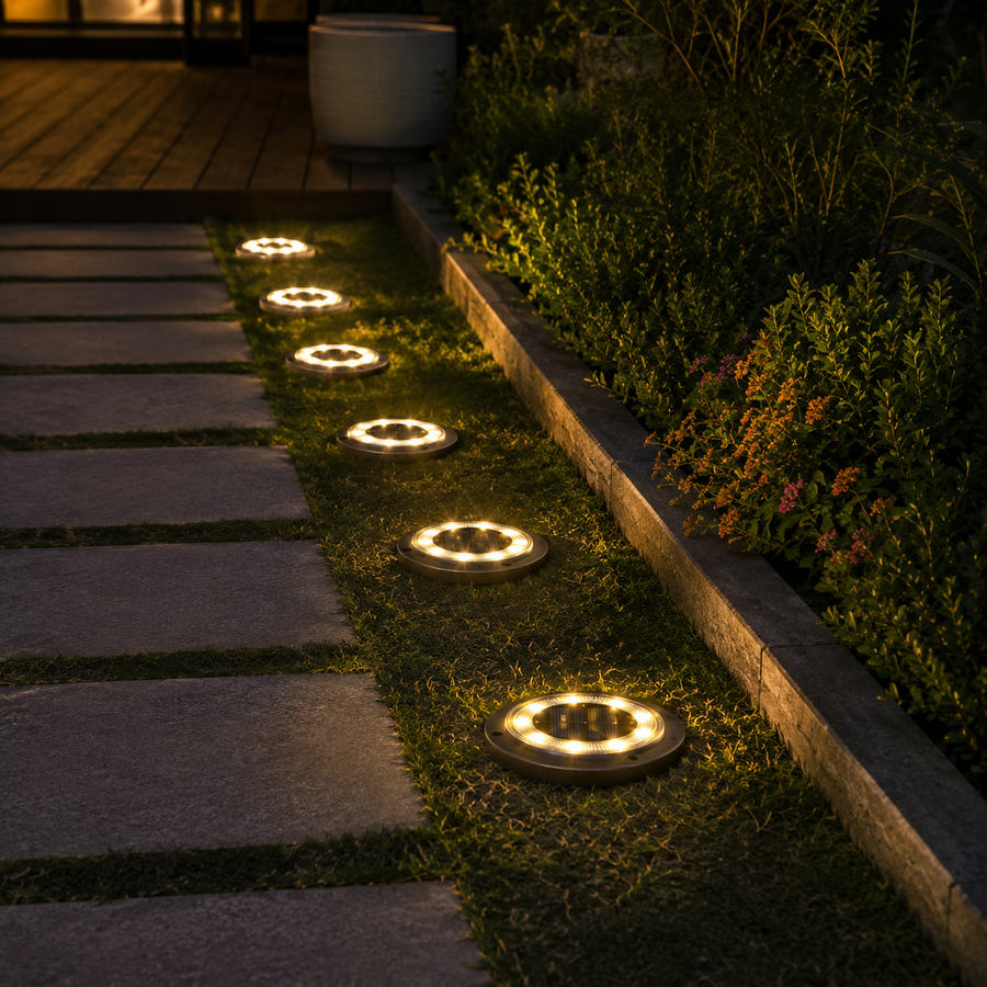 2-in-1 Solar Ground Disk Lights- Waterproof Solar Pathway & Deck Lights Outdoor (8 Pack)