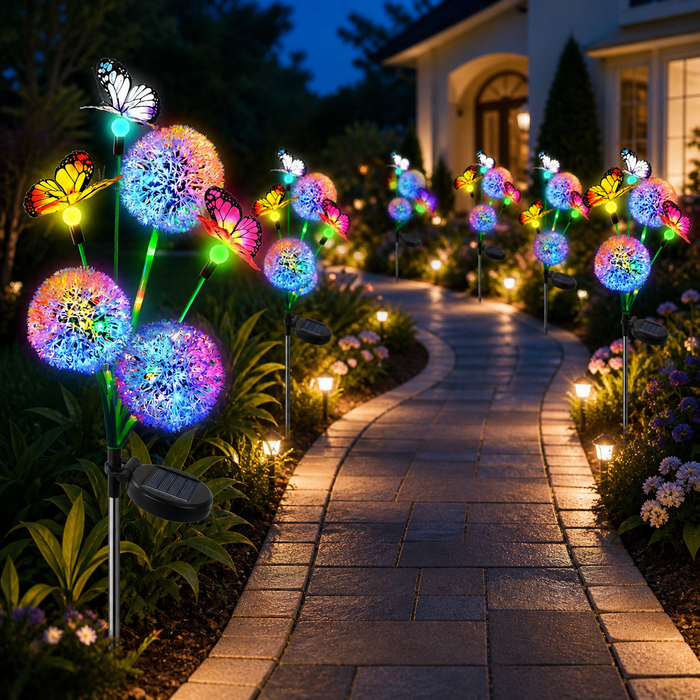 Lumières solaires de jardin Pissenlit et papillons – Lot de 2 lampes de décoration de chemin multicolores à LED